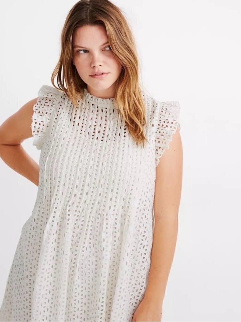 Madewell White Eyelet Ruffle-Sleeve Pintuck Mini Dress. 100% Cotton, Size L - Picture 2 of 9